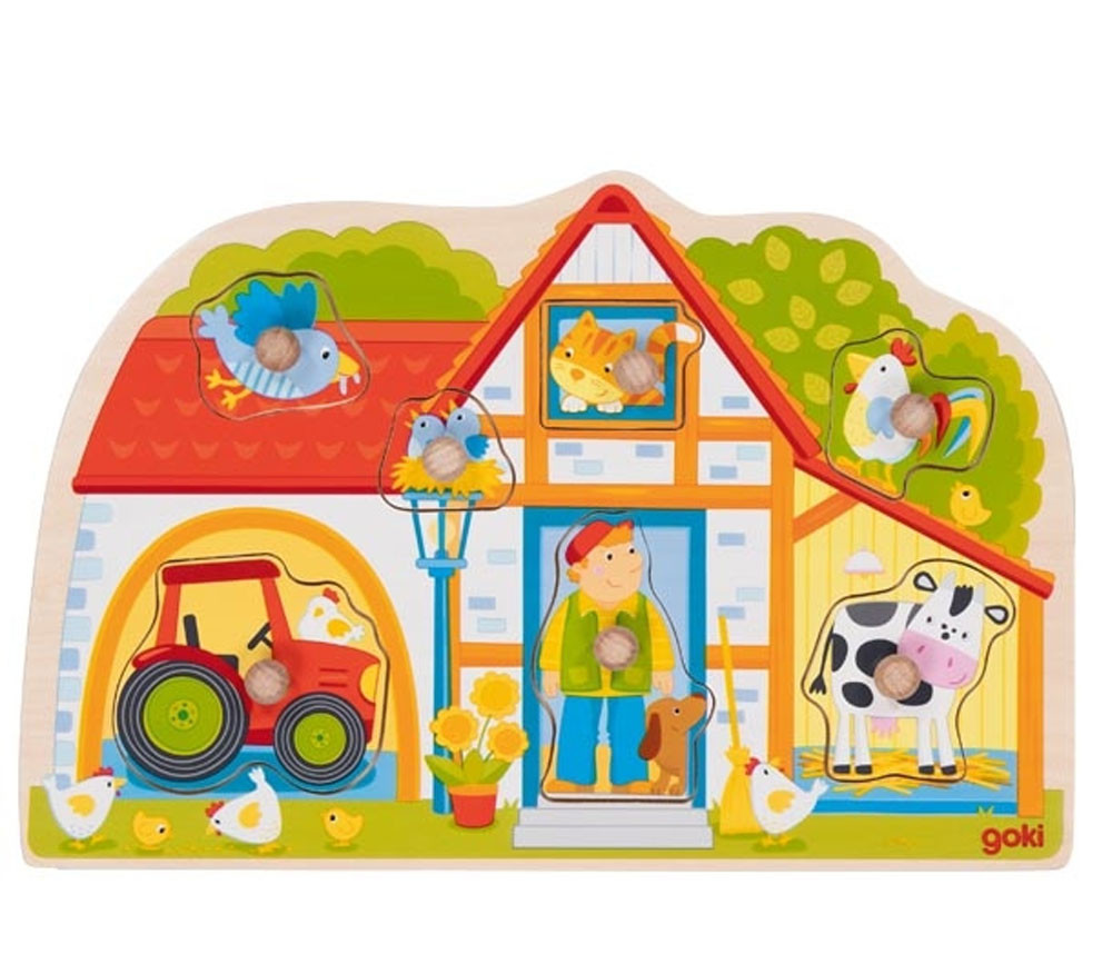 Puzzle en bois enfant 1 an 7 pièces bouton sur le thème vie à la ferme
