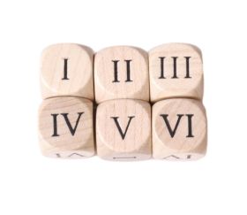 Dé chiffres romains I,II,III,V,VI,VI 16 mm en bois naturel