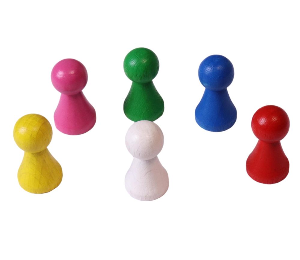 6 Pions bois 15 x 27 mm multicolores pour jeu - lot de 6 (rouge, vert, jaune, bleu, rose et blanc)