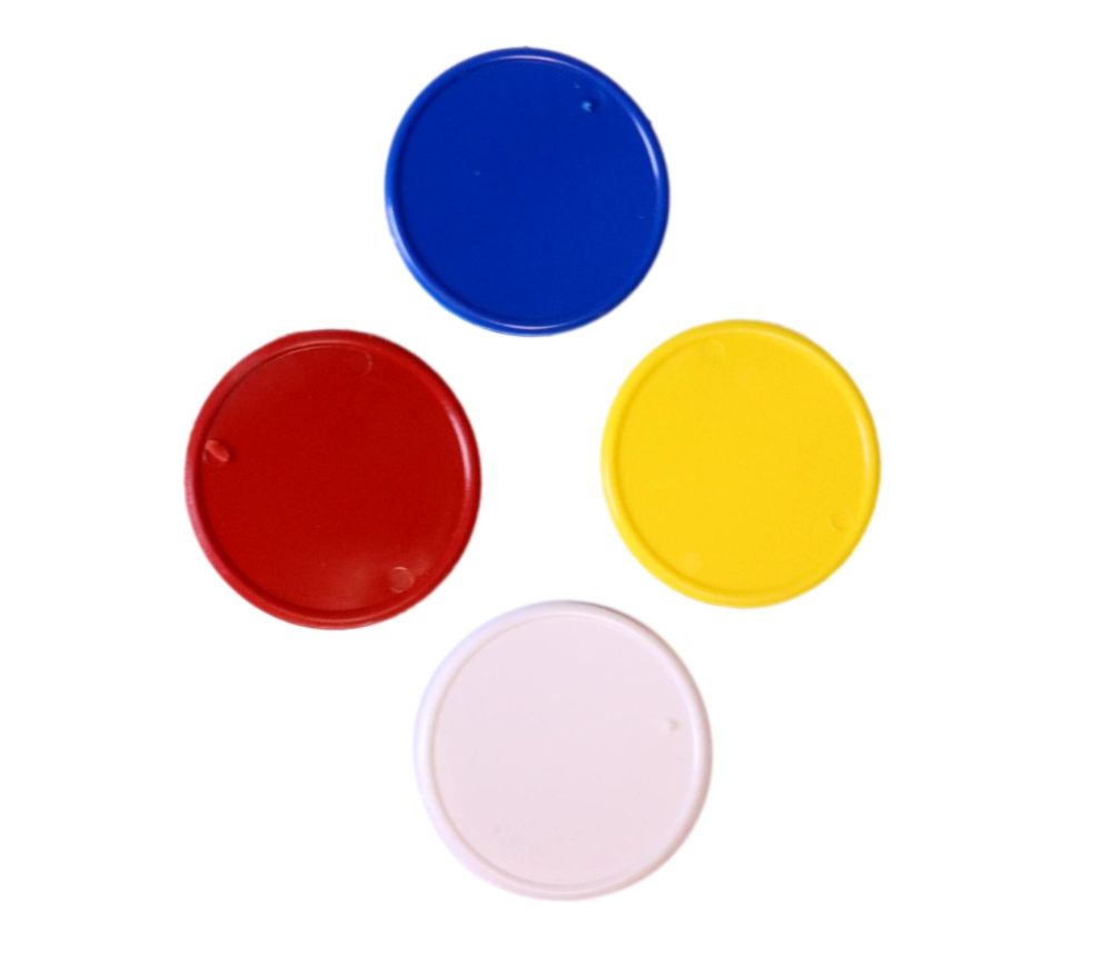 4 jetons ronds 2,6 cm en plastique - 4 couleurs