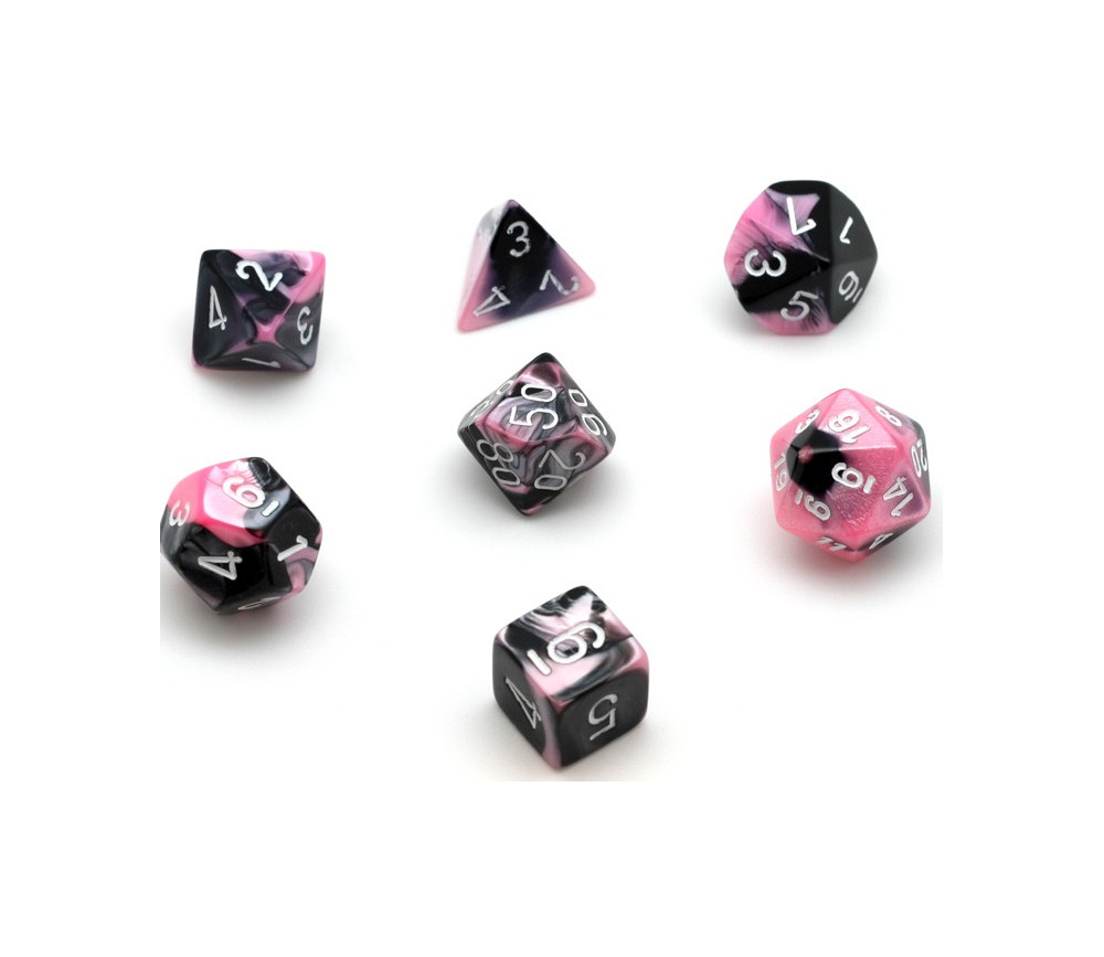 Set 7 dés multi-faces noir et rose