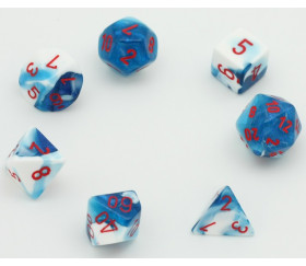 Set 7 dés multi-faces glacé nacré bleu-blanc points rouge