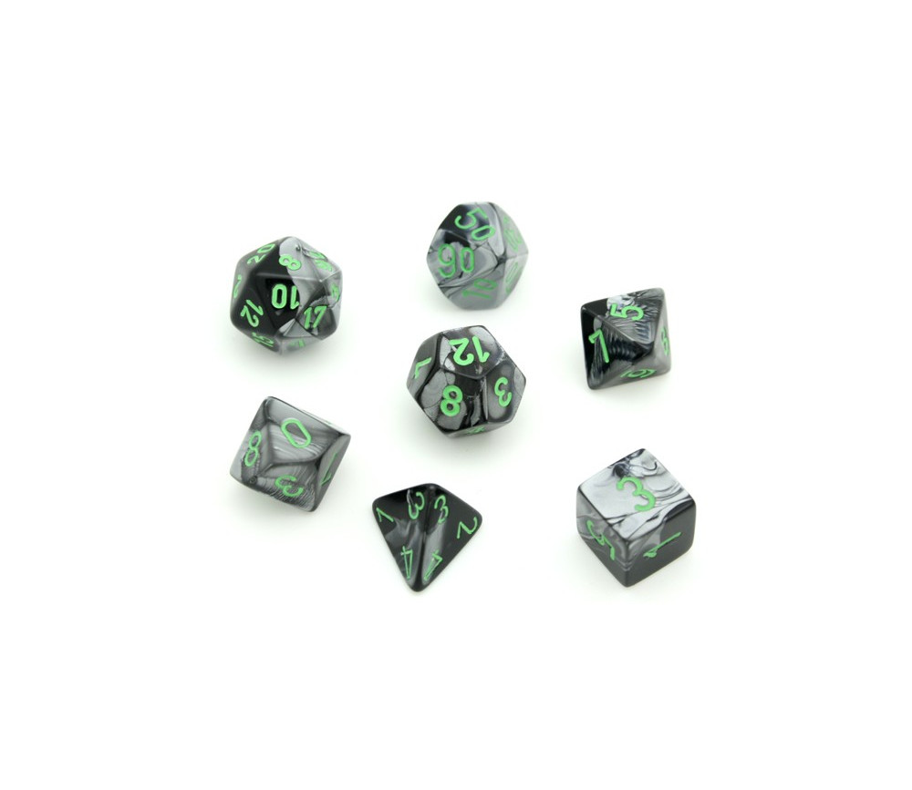 Set 7 dés multi-faces noir gris avec points vert