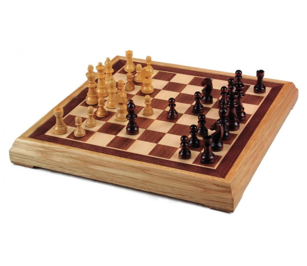 Jeu d'échecs bois marqueté 40 cm et pions taille 4