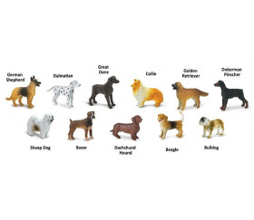 11 figurines chiens dans un tube de rangement