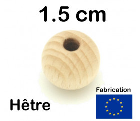 Boule 1.5 cm trouée en bois 15 mm hêtre trou de 4 mm