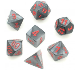 Set 7 dés multi-faces Velvet noir gris avec chiffres rouges
