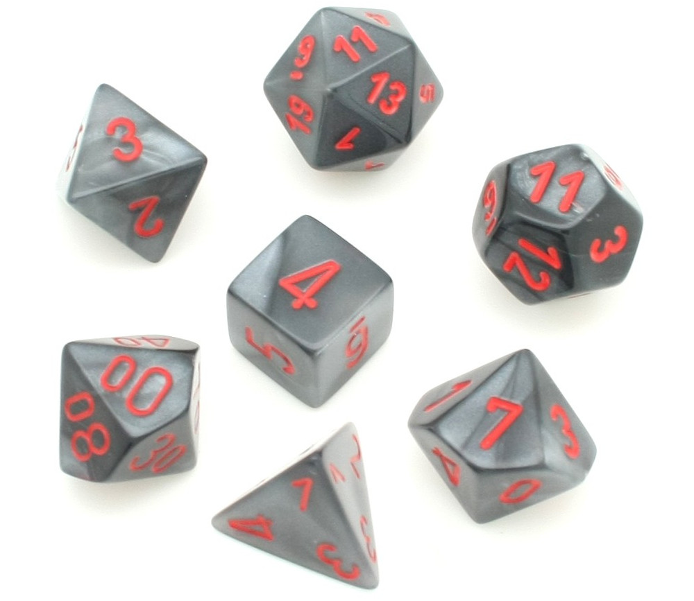 Set 7 dés multi-faces Velvet noir gris avec chiffres rouges