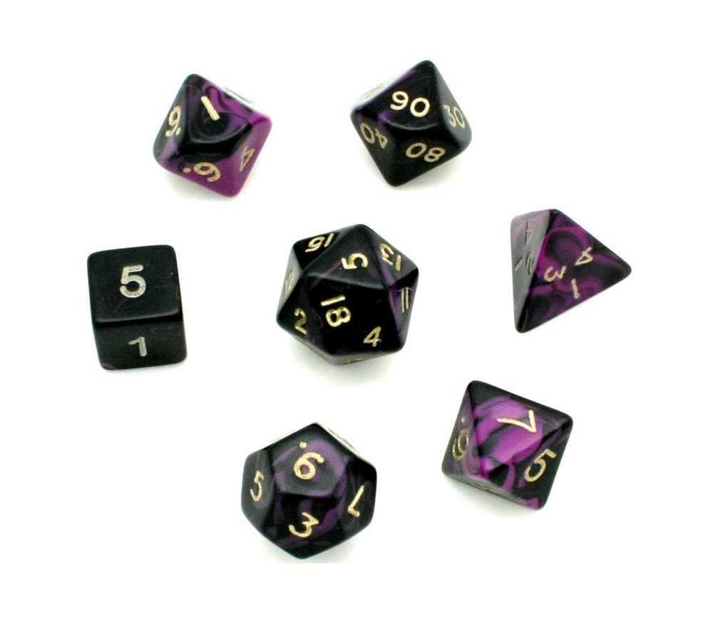 Set 7 dés multi-faces marbrés violet/noir