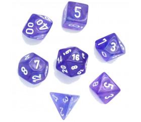 Set 7 dés multifaces Borealis violet pailleté avec chiffres blancs