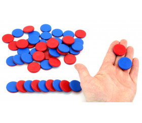 Sachet 50 jetons bicolores bleu et rouge 2,5 cm de diamètre et 5 mm d'épaisseur